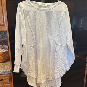 Three Bird Nest … Cream Long Sleeve Tunic with Frayed Hem